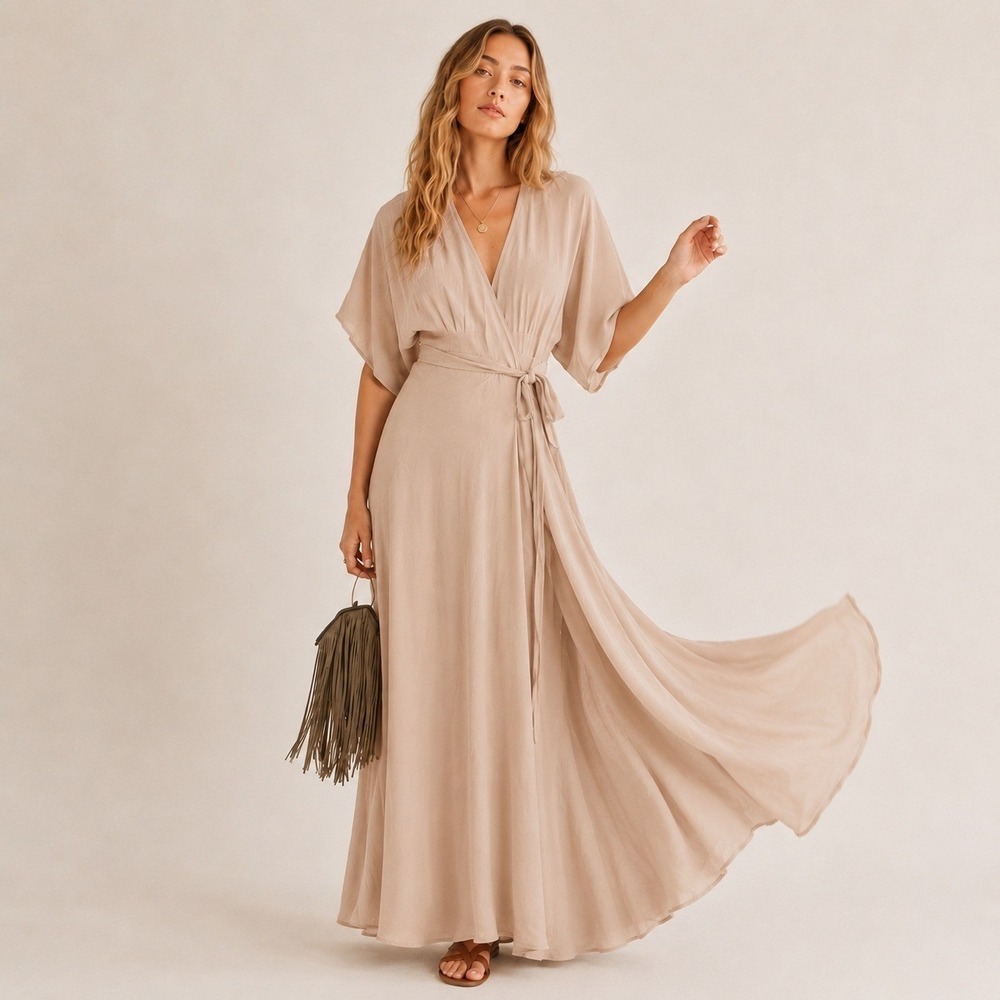 Reformation Winslow Wrap Maxi Dress Womens Size L Taupe Beige Quiet Luxury Chic